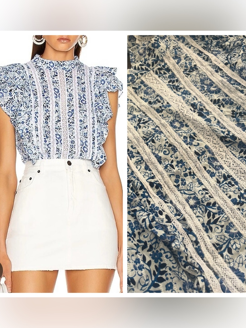 Veronica Beard Women’s Sol Ruffle Sleeve Top floral Blue/White Size 6 Lace